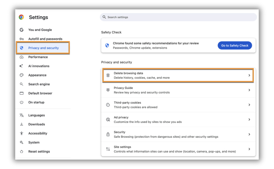 Chrome Settings for Deleting Cookies Image of Chrome Privacy and security to access Delete Cookies