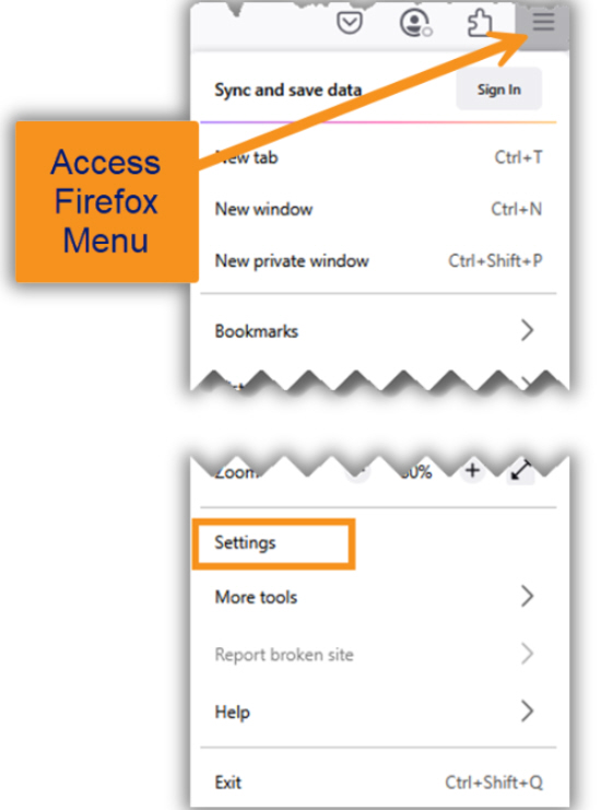 Firefox Menu Image of access to Firefox menu to settings