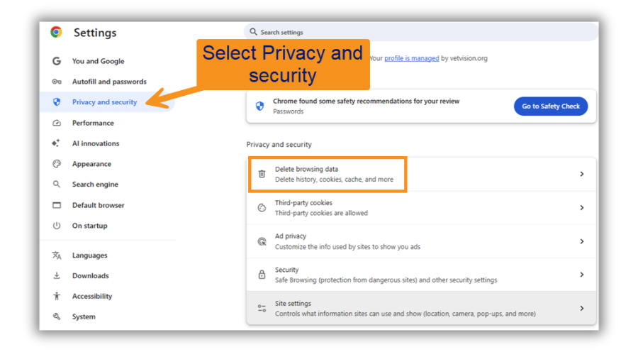 Chrome Settings Image of Chrome Privacy and security to get to Delete Browsing Data