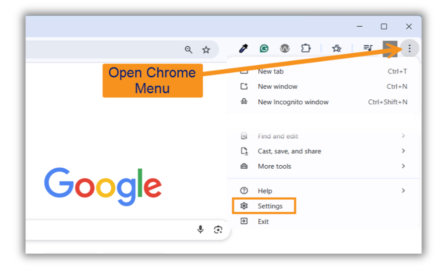 Chrome Menu Image of accessing Chrome menu to get to settings