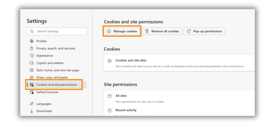 Edge Manage Cookies Image of Edge Manage cookies setting