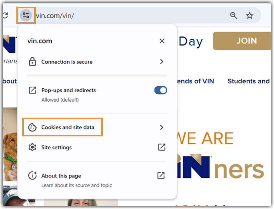 Chrome Cookes and site data Image of accesing Cookies and site data from URL bar