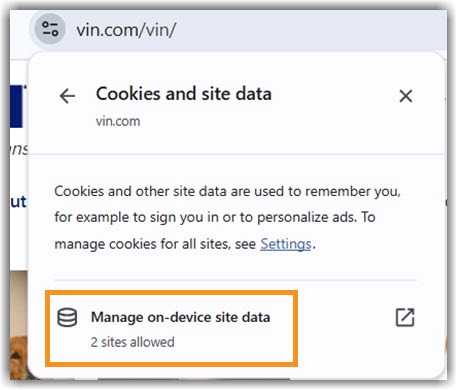 Chrome Manage on-device Image of Manage on-device site data page