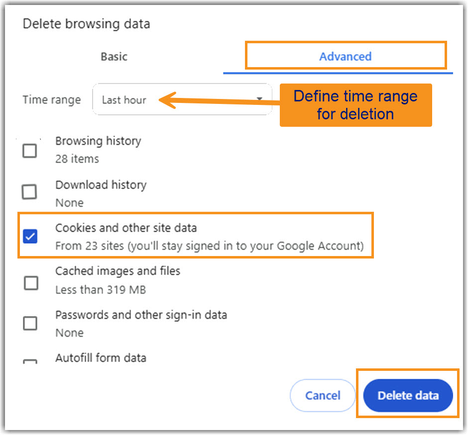 Chrome Cookies deletion Image of Chrome Cookies