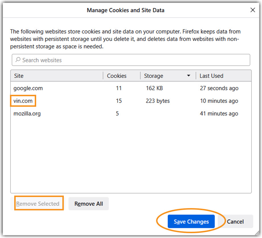 Firefox Remove Selected Image of Manage Cookies and Site Data to identify vin cookies and remove