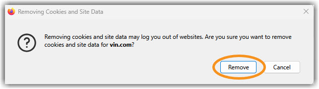 Firefox Cookies Remove Image of Removing Cookies and Site Data alert and Remove button