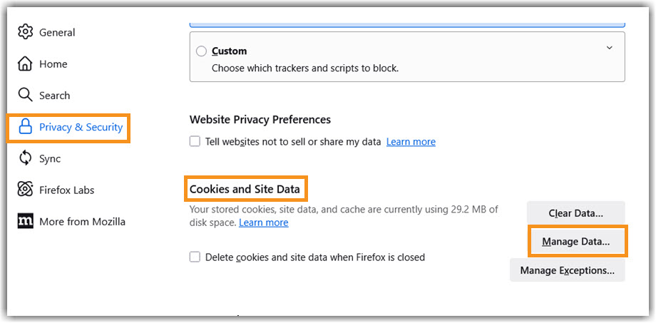 Firefox Manage Data. Image of Firefox selection of Manage Data under Cookies and Site Data