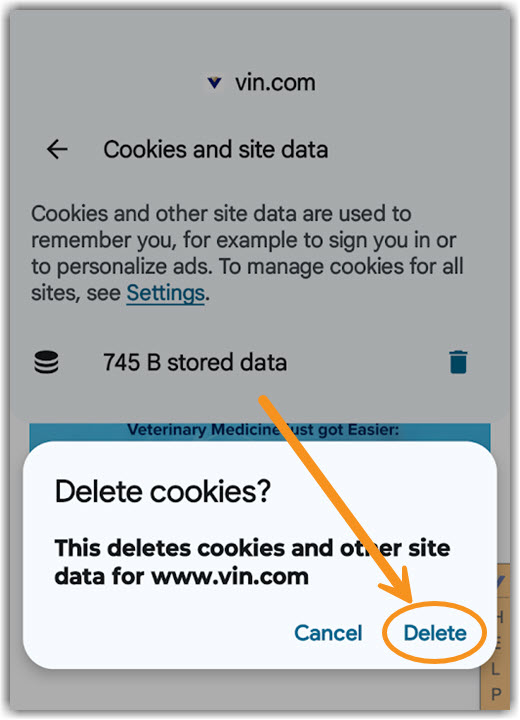 Android Delete Image of Android final step to delete Cookies and site data
