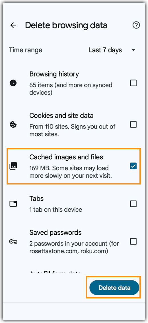 Android Cache More options Image of Android Chrome more options selection