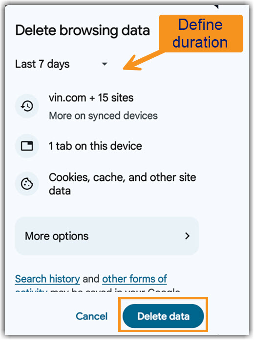 Android Cache Delete Image of Android Chrome select time period and delete