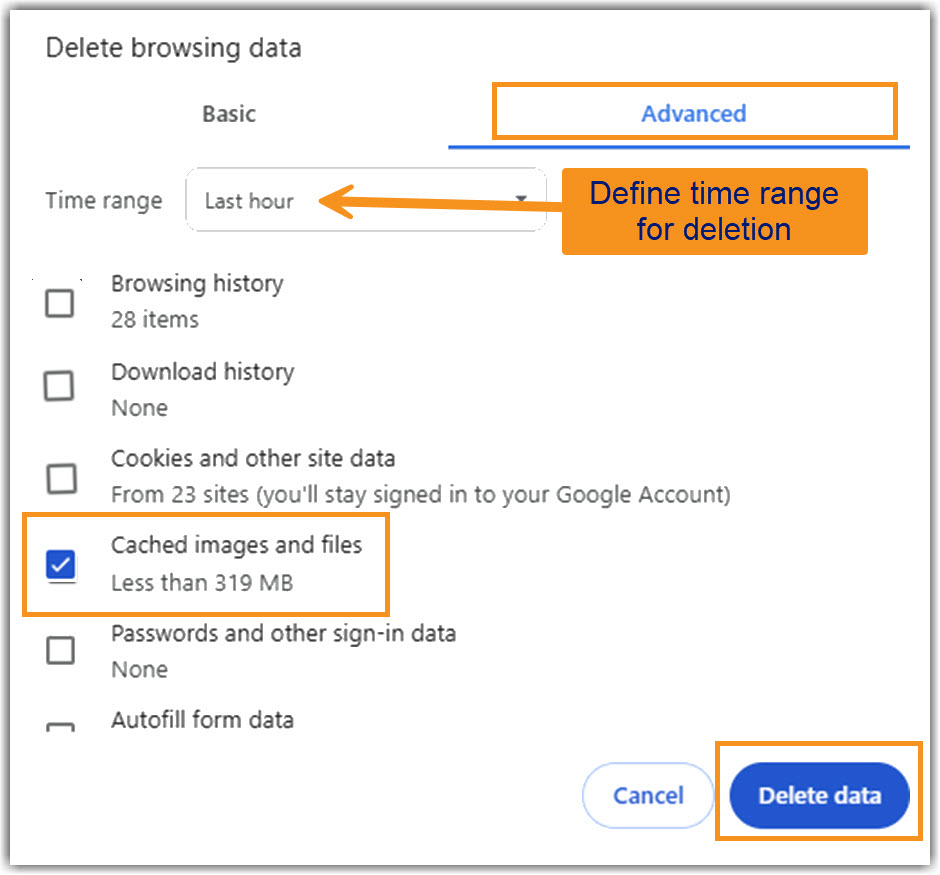 Chrome Cache delete Image of Chrome Delete browsing data final selection