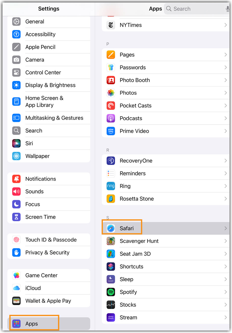 iPad/iPhone Apps to Safari Image of access to Safari settings through Apps