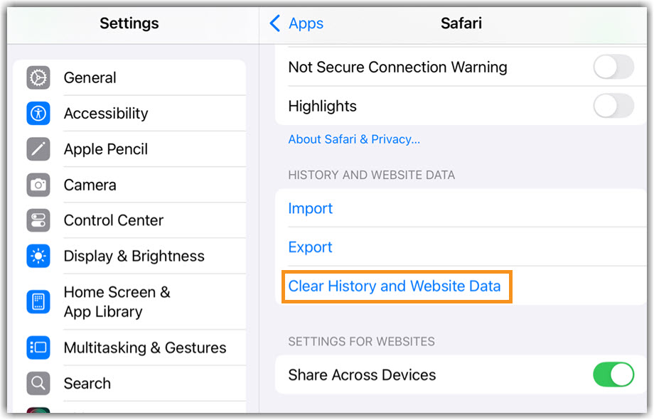 iPad/iPhone Clear History and Website Data Image of accessing Clear history and website data