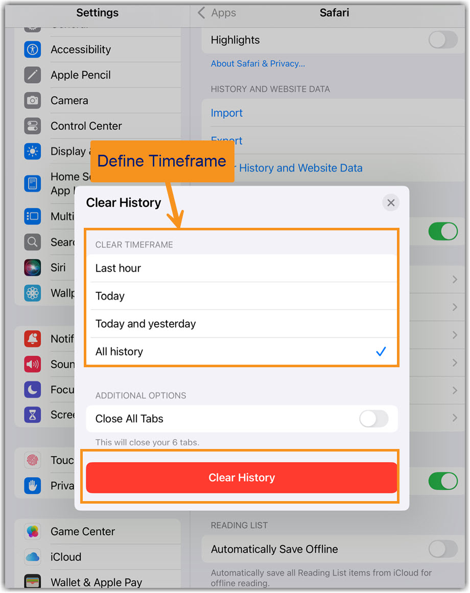 iPad Cache Clear History Image of iPad/iPhone Clear History page