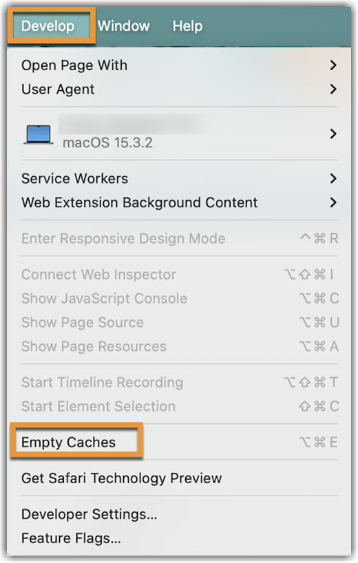 Safari Cache Develop Image of Safari Develop page to Clear Caches