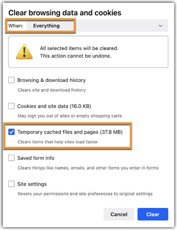Mac Firefox Clear browsing data Image of Firefox on Mac Clear browsing data page